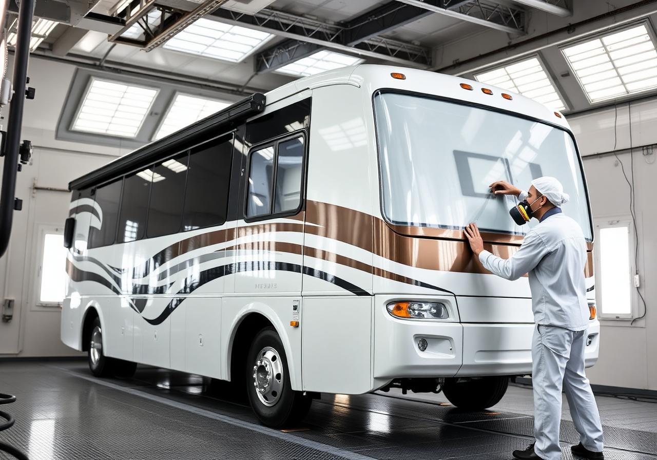 In-house body shop with motorcoach in paint booth
