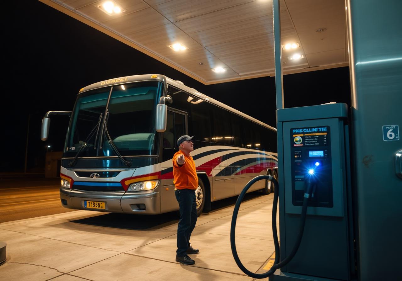 Coach being refueled at depot at night