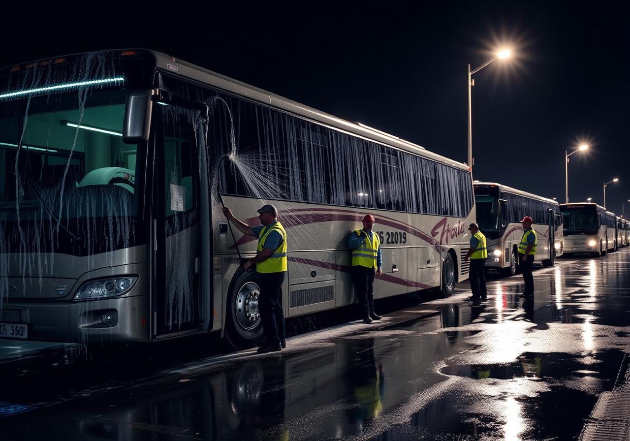 Overnight crew washing motorcoach exterior