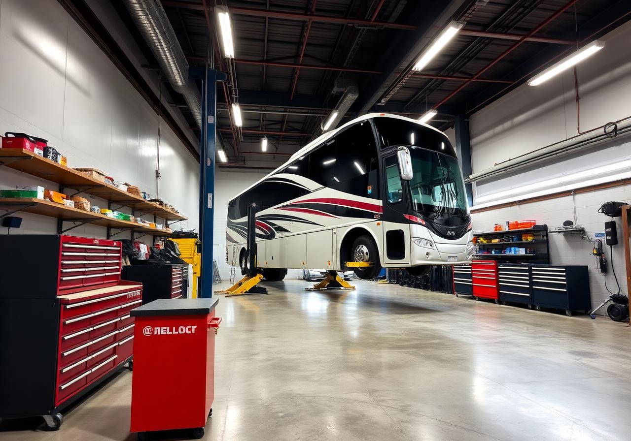 Motorcoach raised on lift inside maintenance bay