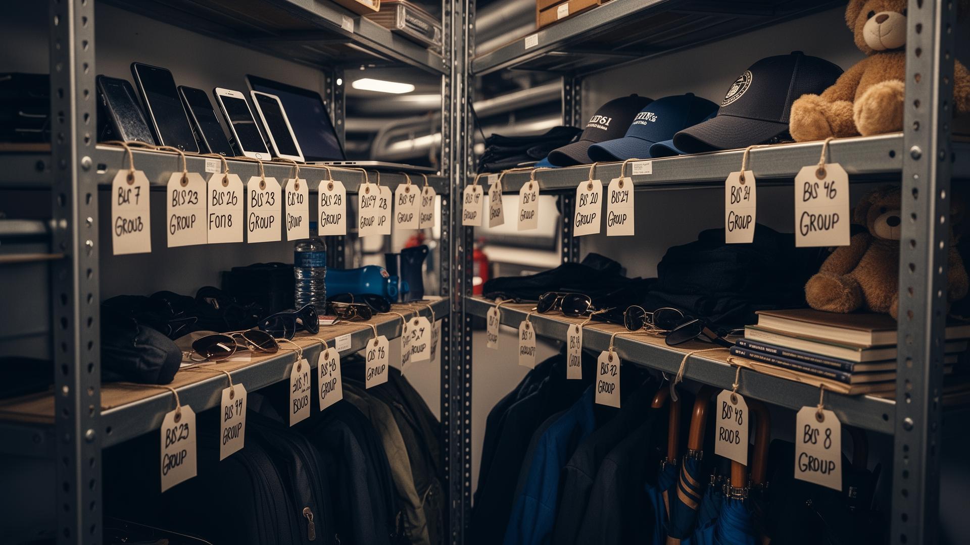 MCA Lost & Found shelves with tagged forgotten items
