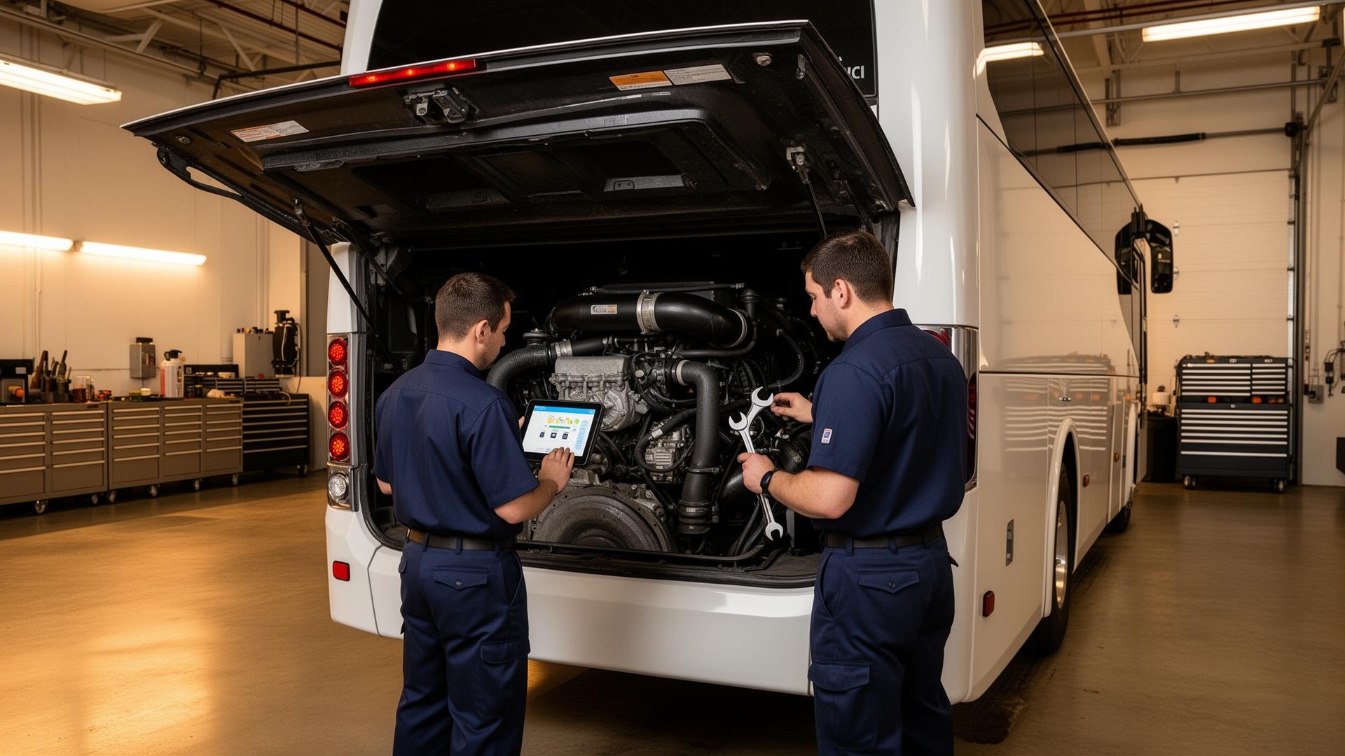 MCA Transportation maintenance shop with mechanics at the open engine bay